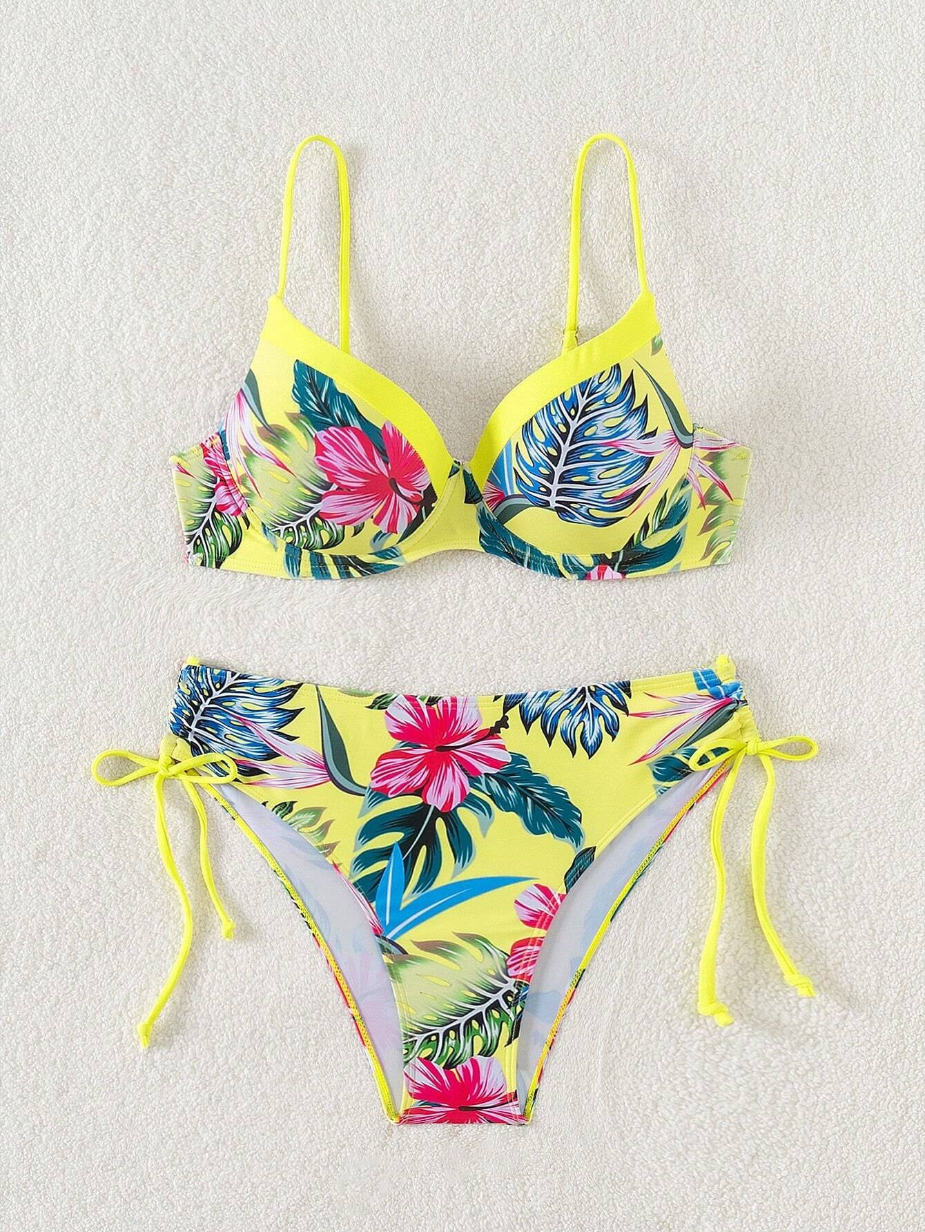 Swim Lushoire Swim Suits for Women Summer Beach Tropical Print V-Neck Spaghetti Strap Bikini Set
