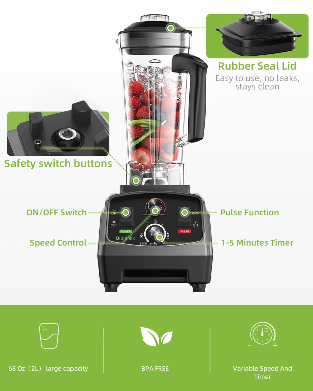 3HP 2200W Heavy Duty Grade Timer Blender Mixer Juicer Fruit Food Processor Ice Smoothies BPA Free 2L Jar