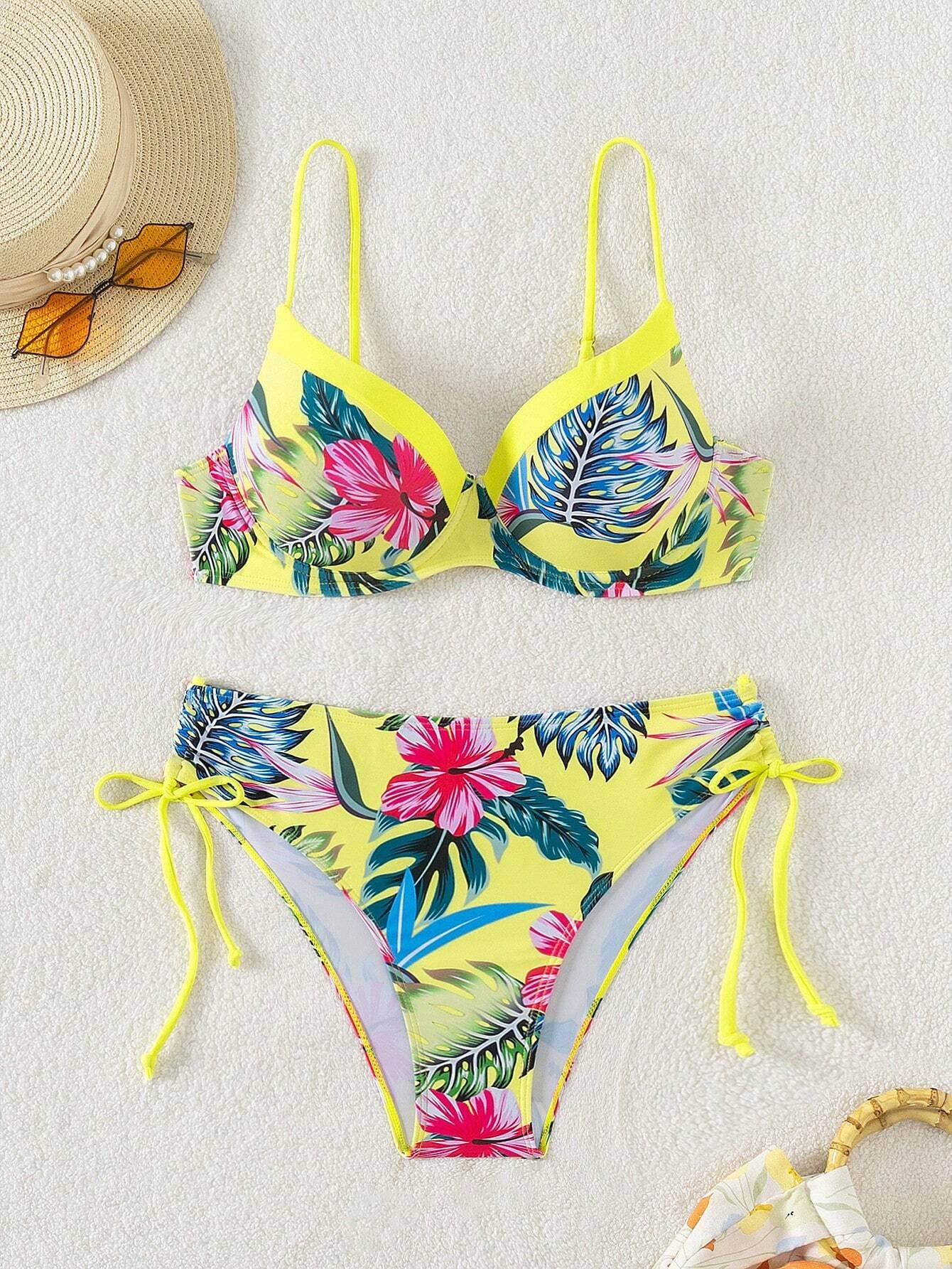 Swim Lushoire Swim Suits for Women Summer Beach Tropical Print V-Neck Spaghetti Strap Bikini Set