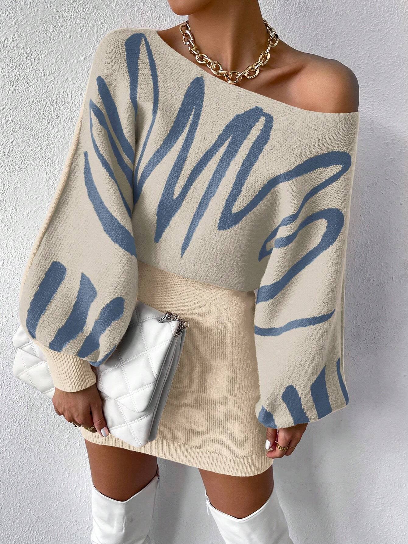 Chiquease Graphic Pattern Batwing Sleeve Sweater Dress Fall Winter Cloth for Women