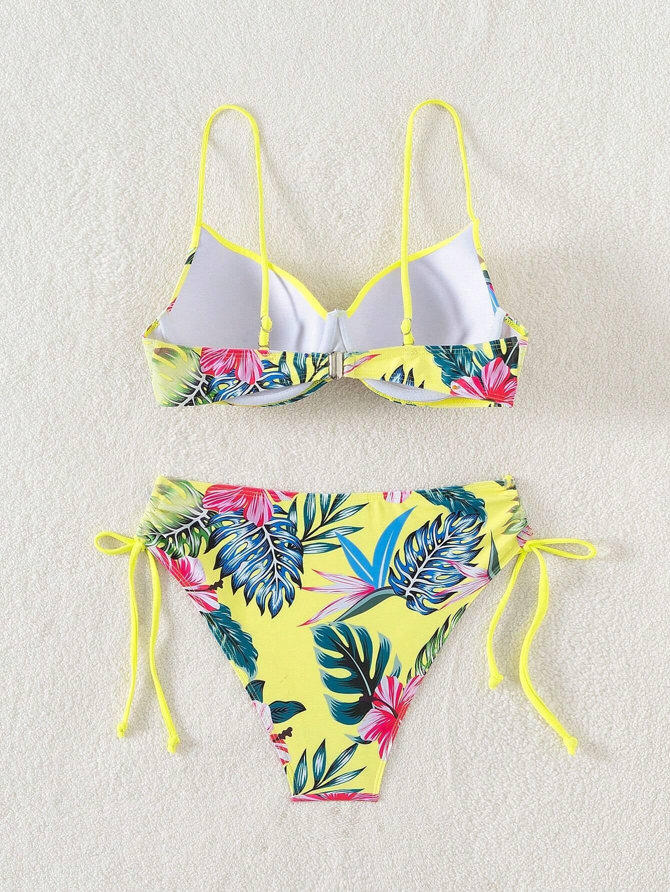 Swim Lushoire Swim Suits for Women Summer Beach Tropical Print V-Neck Spaghetti Strap Bikini Set